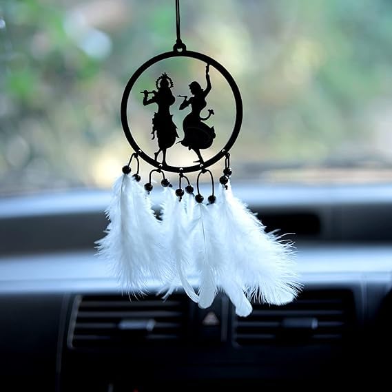 JAYSHIV CREATION Acrylic Car Hanging Accessories Interior Elegant Dream Catcher for Car Charm for Auto Decor - Stylish Handmade Ornament for View Mirror Decoration - Black & White (Radha Krishna)-image-28