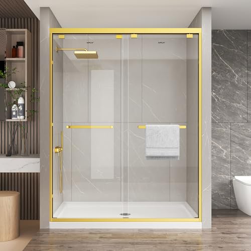 Image of KPUY Double Sliding Glass Shower Door 43-48 inch W x 76 inch H, Brushed Gold