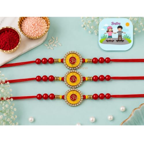 Image of EITHEO OM Rakhi for Brother with Red Beads & Crystal Border, Traditional Handmade Raksha Bandhan Rakhi, Adjustable Sacred Thread with Roli Chawal, Chandan & Mishri (Pack of 1)