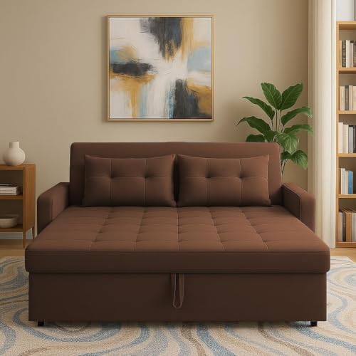 Image of Emilio 2 Seater Pull-Out Sofa Cum Bed | Premium Fabric Convertible Sleeper Sofa Set Space Saving for Living Room Office Home Guests Daily Use | 1 Year Warranty | Brown Colour Fabric Sofa