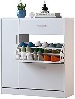 Shoe Cabinet with 2 Drawers, Pull Down Wooden Shoe Storage Organizer Cupboard 20 Pairs Shoes Rack Cabinet Footwear Rack Stand Hallway Furniture 84 x 30 x 91cm (White)