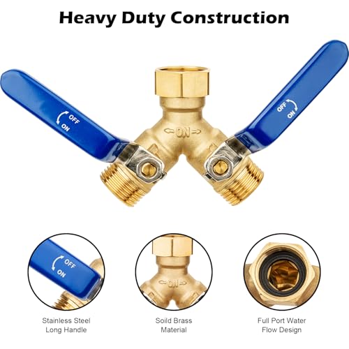 Image of SheeChung RV Hose Splitter 2 Way Heavy Duty, Garden Hose Splitter with Stainless Steel Long Handle, Brass Outdoor Faucet Y Valve Splitter, Full Flow Splitter for 3 /4 inch GHT Threads Hose Connector, Blue