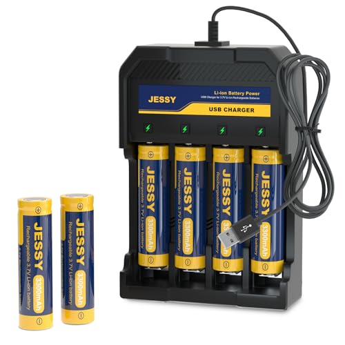 JESSY 18650 Rechargeable Battery Flat Top 3300mAh with 18650 Battery Charger, Universal Smart Charger for 3.7v Lithium Batteries 18650 (6 Pack Flat Top Battery+Charger)