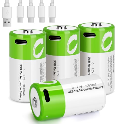 Accesorios De Tv Y Video, Electronics Volkate - Paquete de 4 baterías C recargables con cable de carga USB-C 4 en 1, LR14 baterías de iones de litio de 1,5 V, tamaño C, 5000 mWh, para linternas,...