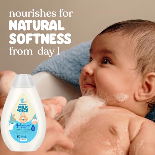 Image of Johnson's Baby Nourishing Milk & Rice Wash & Shampoo 200 ml | 2‑in‑1 Gentle Cleanser for Newborn Hair & Skin | All Skin Types Including Sensitive Skin | With Milk Protein, Rice Extracts & Multivitamin Complex | No More Tears Formula | No Added Parabens, Dyes, Sulphates & Pthalates | Hypoallergenic & PH Based Formula