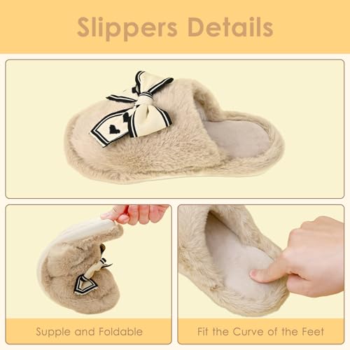 Fuzzy Knitted Bow Slippers for Women, Winter Bedroom Warm Fur Lined Slippers with Anti-Skid Sole, Cozy House Home Slip-On Shoes2