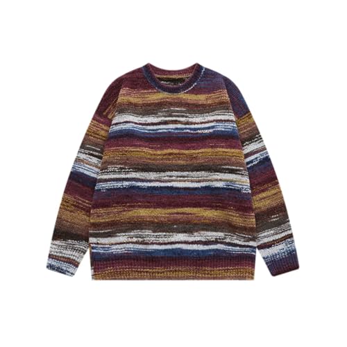 Men's Round Neck Striped Casual Pullover Long Sleeve Warm Knitted Pullover Sweater