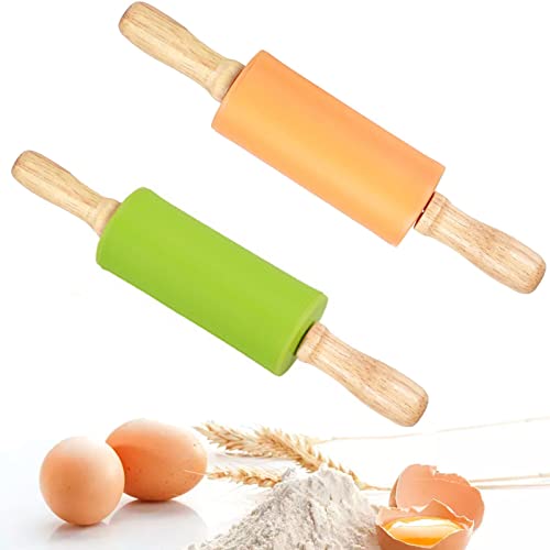 2 Pcs Rouleau à Pâtisserie Professionnel, Rouleau en Silicone pour Enfants, Non Toxique, Respectueux de l'environnement, Rouleau à Pâtisserie en Bois, Convient Aux Enfants et Aux Adultes - Vert/Orange