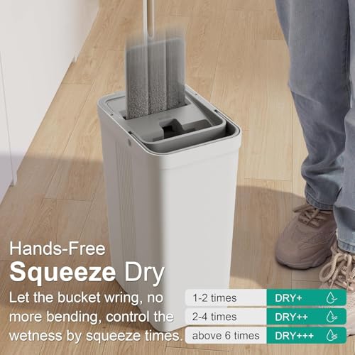 Image of VELQUOR Flat Mop and Bucket Set, Self-Cleaning with Wringer Scraper, Wet Dry Mop, Microfibre Pads Included