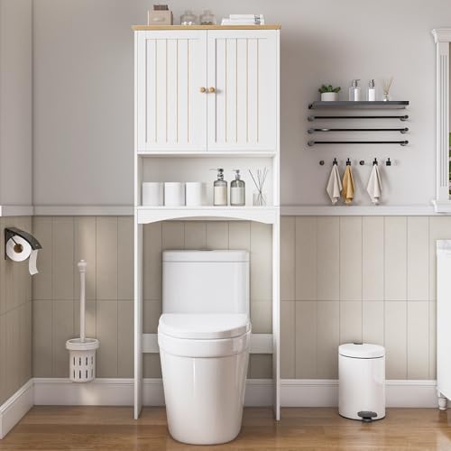 Image of Viaozutis Over The Toilet Storage Cabinet， with Double Doors & 2 Fixed Shelves – Bathroom Shelf Over Toilet, Freestanding Space-Saving Organizer White