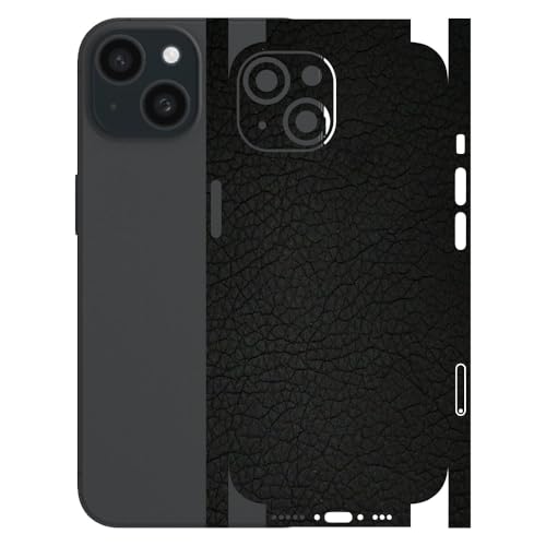 Image of AtOdds - Full Body Back Screen Guard Protector Film - 3D Textured Lamination Wrap Skin Sticker for iPhone 15 | Scratchproof Matte Finish (Design - Black Leather)