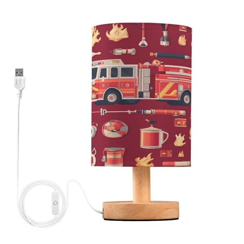 ARGTILDN Fire Truck Rescue Tools Cartoon LED Table Lamp for Bedroom Bedside Lamp with USB Charging Ports Decor Nightstand for Living Room Reading Dorm Desk Home Office