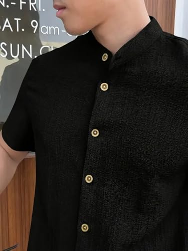 Image of Men's Solid Textured Half Sleeve Shirt with Stylish Buttons | Band Collar Casual Shirt for Summer Wear