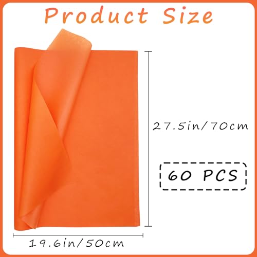 60 Blatt Orange Seidenpapier, Transparentpapier, Krepppapier, für Basteln, Verpacken, Geschenkpapier für Geburtstag, Hochzeit, Weihnachten, Halloween (50x70cm)