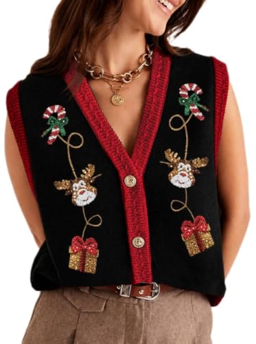 Image of Women Christmas Sweater Vests Santa Claus Sleeveless Cardigan | Women Christmas Sequin Sweater Vests, Button Down, Gingerbread Man Print, Christmas Holiday Tank Top