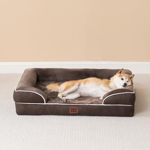 EHEYCIGA Orthopädisches Hundebett Grosse Hunde, 112x81cm, Memory Foam Hundekorb XL, Waschbar Hundesofa Wasserdicht rutschfest, Hundecouch mit Hohem Rand, Braun