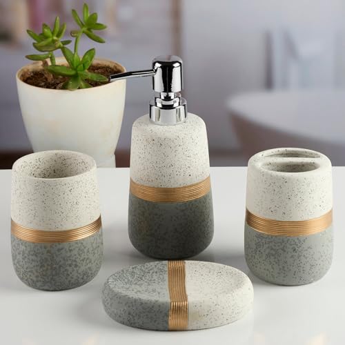 Image of SaSaSa Ceramic Bathroom Accessories Set of 4 - Stylish Bath Set with Liquid Soap Dispenser, Toothbrush Holder, Tumbler and Soap Dish for Modern Bathroom Decor, White /Grey (11984)
