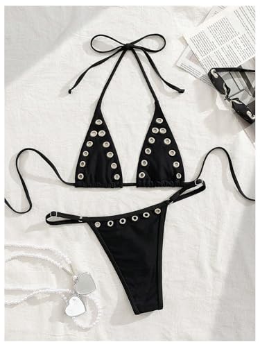 Women's 2 Piece Sexy Micro Bikini Sets Eyelet Grommets Triangle Halter Bathing Suit Tie Back Cheeky Swimsuit2