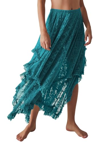 Women's Summer Lace Maxi Skirt 2025 Solid Double Layered High Waist Irregular Ruffle A-line Flowy Beach Long Skirts2