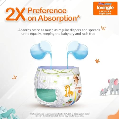 Image of Pro-ease Lovingle Baby Diaper|Pant Style Diaper for Baby|Diaper L size|2X preference on Absorption*IAdvanced Leakage Protection|Wetness Indicator|Easy Throw Tape|9-14 kg|64 Pieces