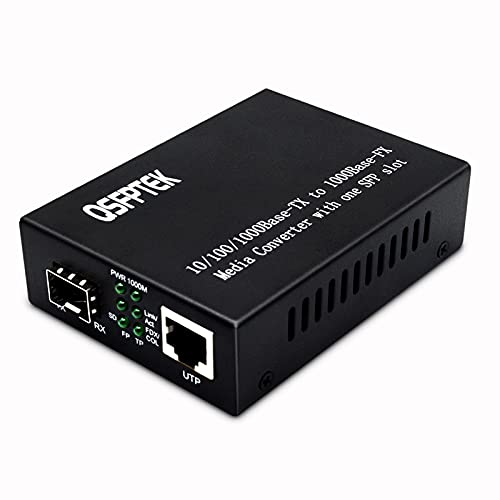 QSFPTEK Convertidor de medios Gigabit, 1x 10/100/1000Base-T RJ45 a 1x 1000Base-X Fibra a Ethernet Ranura SFP Compatible con Mini GBIC Módulos Ethernet a Fibra SFP Single Mode Dual SC Fiber Cover