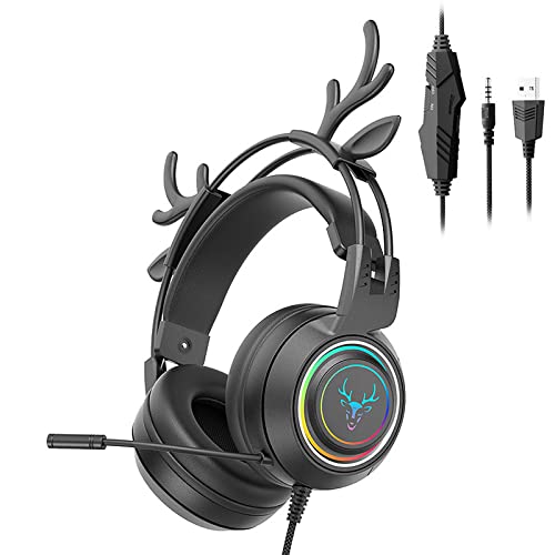 GHDVOP ヘラジカ角 ゲーミングヘッドセット ヘッドホン 有線ヘッドフォン 鹿の角ヘッドホンPS4Pro /PS5/PC/Switch Xbox One S/X スマートフォン 有線 3.5mm マイク付き 50mmドライバー ゲーム用 密閉型 立体音