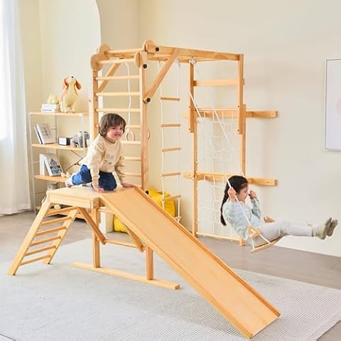 Avenlur Grove 8-in-1 Indoor Jungle Gym with Gymnastic Rings, Climbing Rope, Swing, Slide, Monkey Bars, Rope Wall Net, and Wooden and Rope Ladder - Jungle Play Set for Kids Ages 2-11 Years Old Cover