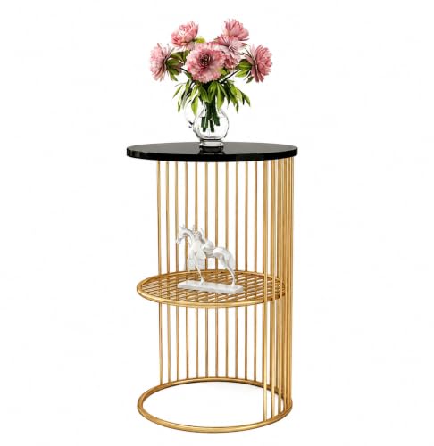 Image of Modern Round Metal Side Table with Storage Shelf Gold Finish Accent End Table | Black Top Sofa Side Table for Living Room, Bedroom, Balcony, Office. Decorative Coffee Table, Nightstand, Corner Table
