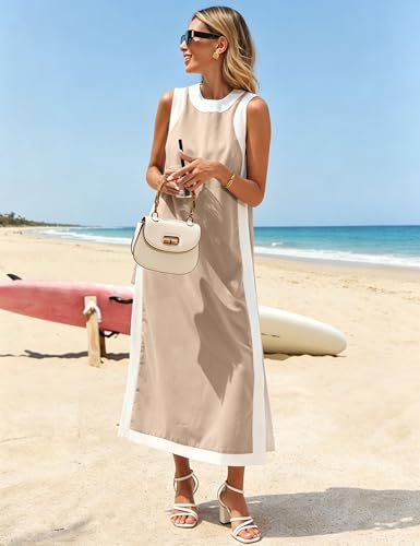 Image of Hooever Women's 2 Piece Sets Boho Color Block Sleeveless Maxi Dress Matching Shorts with Pockets