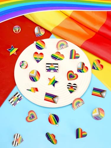 Image of JUNEBRUSHS Rainbow Pride Pins,28 Pcs Bulk LGBT Lapel Pin Gay Heart Flag Brooch Pins for Pride Parades Pride Month Gay LGBT Party Favors Clothes Bags Accessories Gifts(14 Styles)