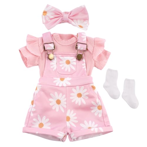 BABESIDE 4 Pcs Reborn Baby Doll Clothes for 17-22 Inch Babydolls, Cute Pink Flower Dolls Overalls Lifelike Reborn Baby Doll Accessories with Headhand and Socks for Realistic Dolls Girl