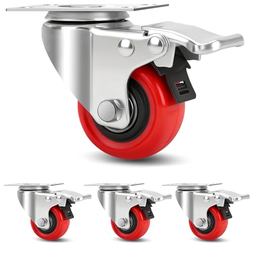 2 Inch Industrial Heavy Duty Swivel Caster Wheels with Brake,Set of 4 Safety Locking Casters,Load 600lbs,Premium Polyurethane Wheels for Table,Trailer,Saw Table,Stage Toolbox,Bed,Corn Board