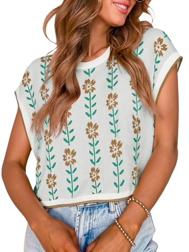 Image of Saodimallsu Womens Cap Sleeve Crop Tops Summer Color Block Going Out Crew Neck Knit Trendy Casual Sweater
