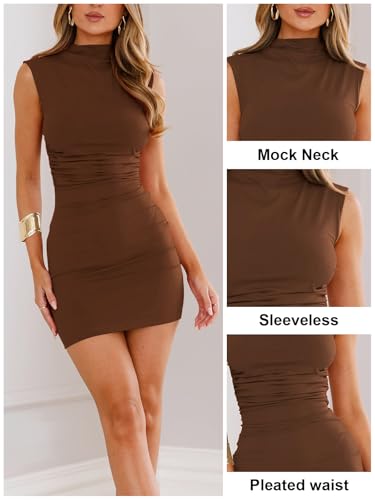Image of MIYIEONZ Women's Sexy Summer Casual Mock Neck Sleeveless Bodycon Dresses Ruched Turtleneck Cocktail Party Mini Dress