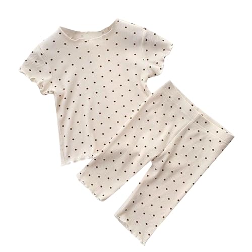 Girls Ribbed Knit 𝐋ounge Set Short Sleeve Top and Capri Pants 𝐒leepwear Baby Polka Dot 𝐏ajamas (Beige, 18-24 Months)