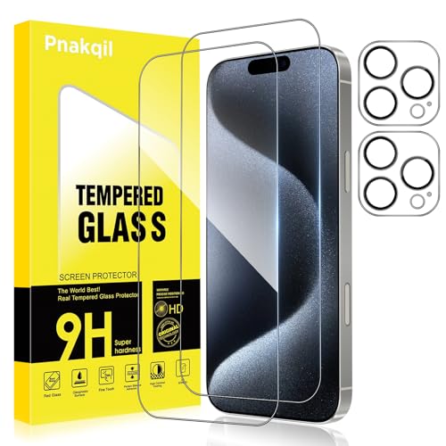 Pnakqil Pellicola Vetro Temperato per iPhone 15 Pro Max con Protezione Fotocamera,Vetrino Prottetiva Ultra Resistente Anti Graffio HD Chiaro Senza Bolle 9H Grado Militare Screen Protector,2+2 Pezzi