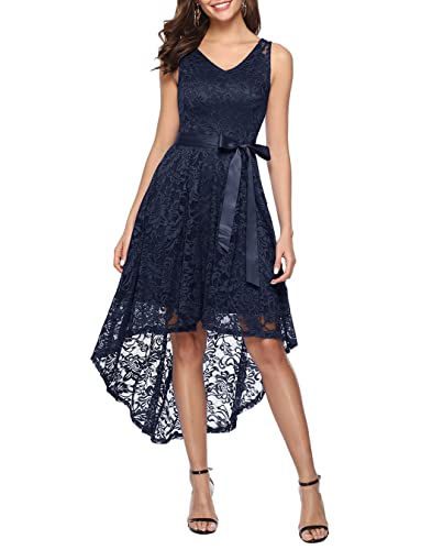 BeryLove Women's Sleeveless Solid Floral Lace A-Line Cocktail Swing Dress,V-Neck Waist Tie Midi Swing Skater Dresses,Vintage Bridesmaid Dress,Work/Prom/Formal/Christmas/Wedding/Daily Navy L