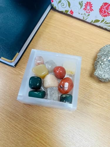 Image of Natural Selenite Charging Box with Handcarved Shree Yantra | Certified Crystal Charger for Crystal Bracelets, Jewelry & Healing Stones (Size3x3 inch)
