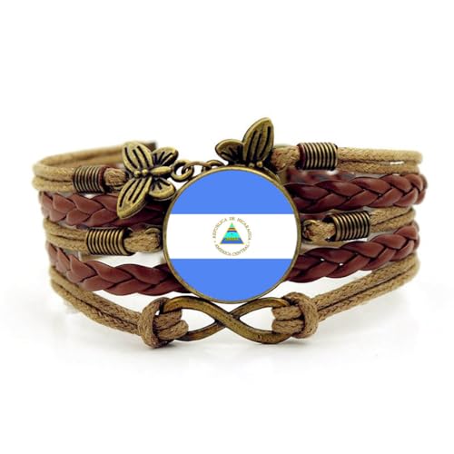 Bracelet À Breloques avec Drapeau Naturel De La République du Nicaragua - Bracelets Papillons Tissés en Cuir avec Drapeau du Nicaragua pour Femmes Et Hommes,Bracelets avec Dôme en Verre,Bijou