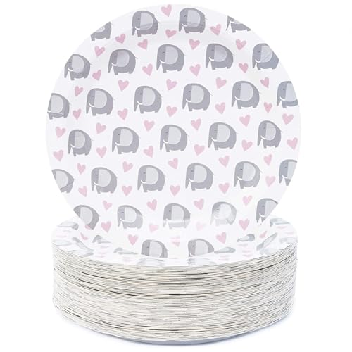 Sparkle and Bash Elephant Plates - 9-Inch Pink, 80-Pack - Paper Party Plates for Baby Shower, Dessert & Dinner - Elephant-Themed
