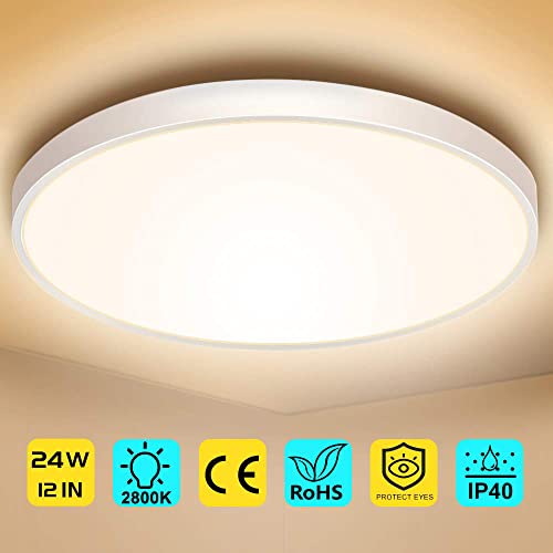 LightingWill 12 Inch LED Flush Mount Ceiling Light Fixture, 2800K Warm White, 3200LM, 24W, Flat Modern Round Lighting Fixture, 240W Equivalent White Ceiling Lamp for Kitchens, Bedrooms.etc.