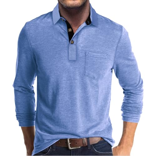 Zetieny Polo Hombre Manga Larga Casuales Camiseta de Golf Polos de Color Liso con Bolsillos Otoño Invierno