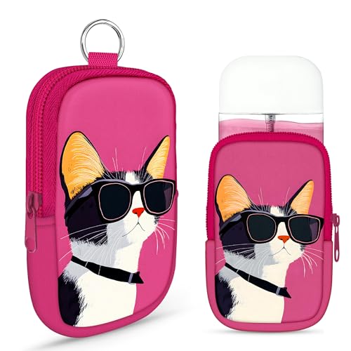 Energymax Hand Sanitizer Spray Case, Compatible with Touchland Hand Sanitizer Mist Spray, Portable Mini Pouch, Fashion Accessory Keychain with Snap Hook 1FL. OZ., Cool Cat Wearing Sunglasses