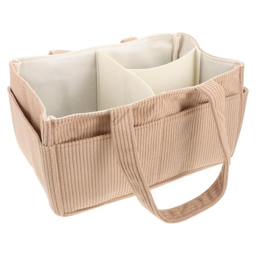 BATHVEVE Corduroy Tote with Dividers for Changing Table Khaki Spacious Nursery Caddy with Elastic Pockets Padded Shoulder Strap And Multi-compartment Organizer for Diapers And Essentials