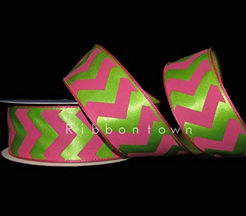 LuxMart5 Yards Pink Green Chevron Stripe Zig Zag Satin Wired Ribbon 1 1/2" W