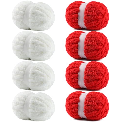 Image of 8 Pack Chunky Chenille Yarn #10 for Hand Knitting - Super Bulky Chunky Knit Blanket Yarns, Jumbo Big Thick Chunky Yarns for Crocheting (8, Milky White & Red)
