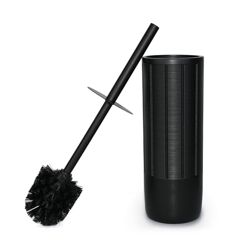 Image of Matte Black Ribbed Design Resin Toilet Bowl Holder and Brush Set, Durable Bathroom Cleaning Tool with Ergonomic Handle and Efficient Bristles, Stylish and Compact Design