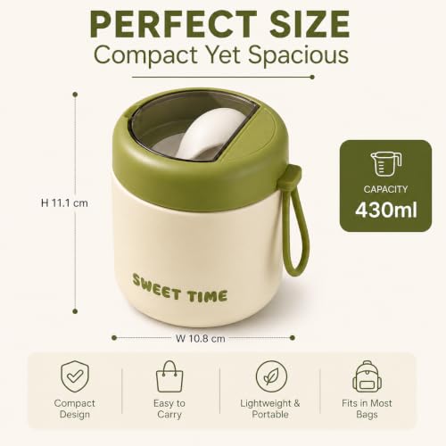 Image of Portable Food Container 430ml with Spoon | Silicone Sealed Lid & Pressure Release Vent | Compact Lunch Pot with Carry Loop for Snacks Meals Office School & Travel - White