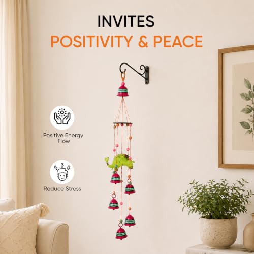 Image of Aakriti Art Creations Elephant Wind Chime with 5 Metal Bells | Handmade Modern Art Wooden & Metal Wind Chime | Outdoor & Indoor Decorative Wind Chimes for Balcony, Garden, Living Room & Gifting