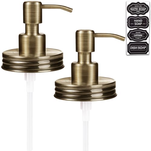 Image of Amolliar Mason Jar Liquid Soap Dispenser Lid, Farmhouse Pump, Brass 2 Pack | Refillable Lotion Soap Pump16OZ Regular Mouth Jar, Hand Soap, Dish, Stainless Steel Soap Pump Lid, Farmhouse Bathroom Decor